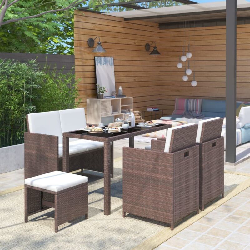 Meuble à dîner de jardin 6pcs et coussins Résine tressée Marron - Vidaxl