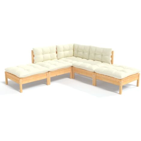 Vidaxl – Salon de jardin 5 pcs – Coussins crème – Bois de pin massif – Dimensions canapé 63,5 x 63,5 x 62,5 cm – Capacité 110 kg par siège