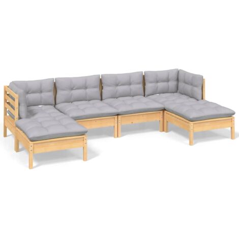 Vidaxl – Salon de jardin 6 pcs en bois de pin massif avec coussins gris – Dimensions canapé 63,5 x 63,5 x 62,5 cm – Capacité 110 kg par siège