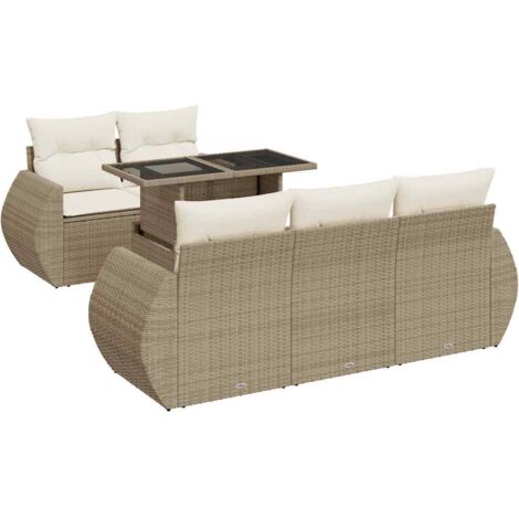 Vidaxl – Salon de jardin 6 places avec coussins – Résine tressée beige – Table 100x55cm avec verre trempé – Accoudoirs et rangement intégrés