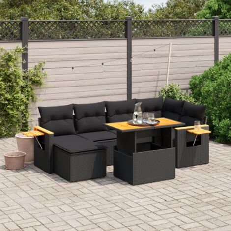 vidaXL Salon de jardin 7 pcs avec coussins noir résine tressée