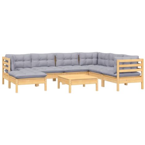 vidaXL Salon de jardin 8 pcs avec coussins gris Bois de pin massif