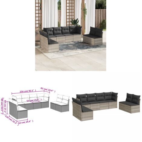 vidaXL Salon de jardin 8 pcs avec coussins gris clair résine tressée
