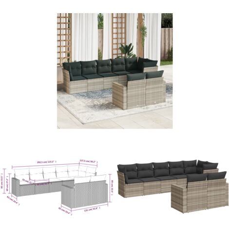 vidaXL Salon de jardin 8 pcs avec coussins gris clair résine tressée