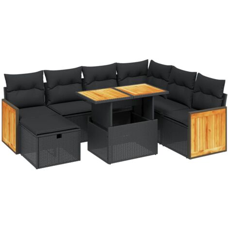 vidaXL Salon de jardin 8 pcs avec coussins noir résine tressée