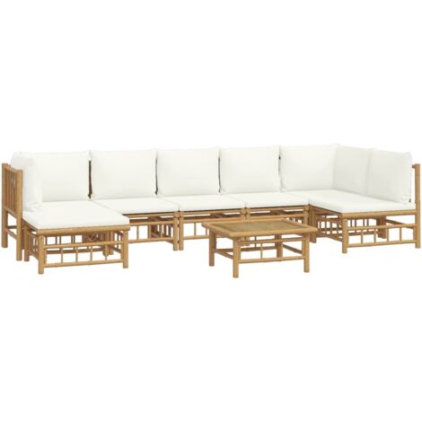 Vidaxl – Salon de jardin 8 pcs en bambou avec coussins blanc crème – Canapés modulaires confortables – Table 55x65x30 cm – Repose-pied inclus