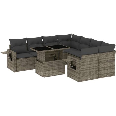 vidaXL Salon de jardin 9 pcs avec coussins gris résine tressée