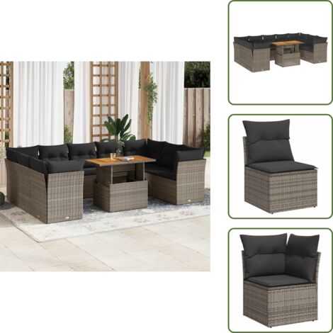 vidaXL Salon de jardin avec coussins 10 pcs gris résine tressée