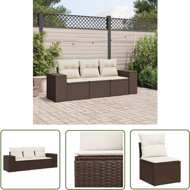 The Living Store - vidaXL Salon de jardin avec coussins 3 pcs marron résine tressée