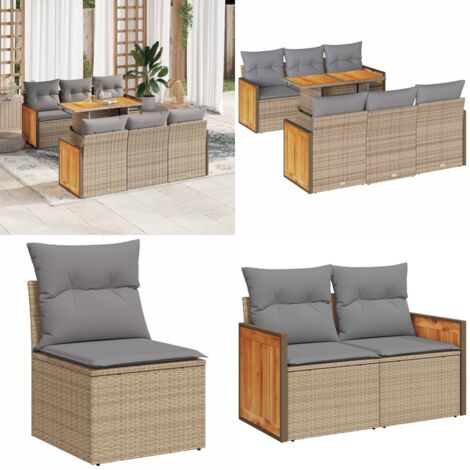 vidaXL Salon de jardin avec coussins 7 pcs beige résine tressée acacia