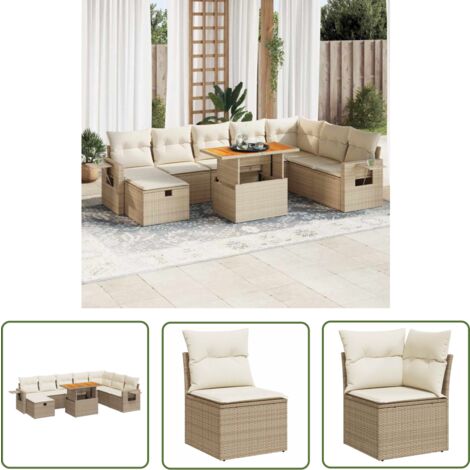 vidaXL Salon de jardin avec coussins 9 pcs beige résine tressée acacia