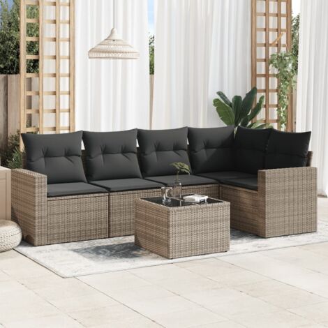 Vidaxl – Salon de jardin 6 pcs – Résine tressée gris – Coussins avec housses amovibles – Table en verre trempé – Capacité 110 kg par siège