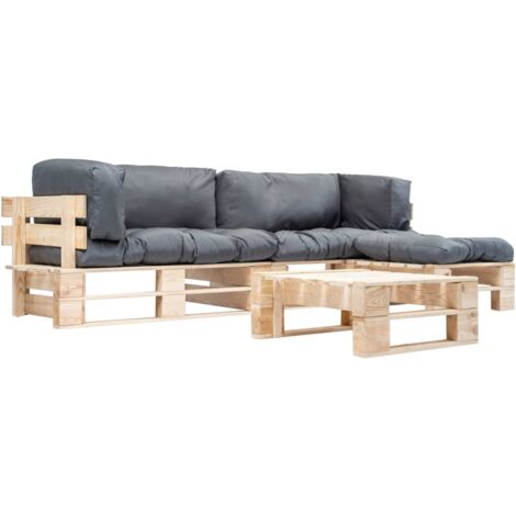 vidaXL Salon de jardin palette 4 pcs avec coussins gris bois