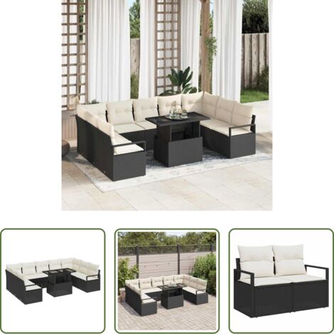 vidaXL Salon extérieur -  Ensemble de canapé de jardin 10 pcs Noir et crème polyrotin