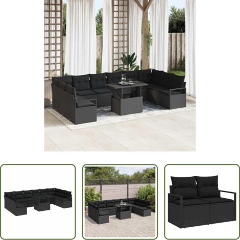 vidaXL Salon extérieur -  Ensemble de canapé de jardin avec coussin 11 pcs Noir polyrotin