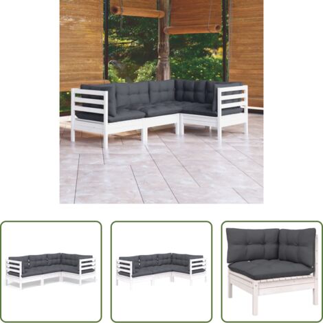 vidaXL Salotto da giardino -  Set Divani da Giardino 4 pz con Cuscini Bianchi Legno di Pino
