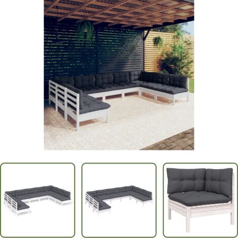 vidaXL Salotto da giardino -  Set Divani da Giardino 9 pz con Cuscini Bianchi Legno di Pino