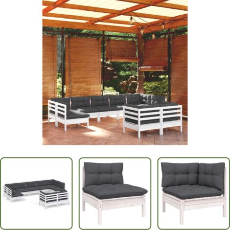 vidaXL Salotto da giardino -  Set Divani da Giardino 9 pz con Cuscini Bianchi Legno di Pino