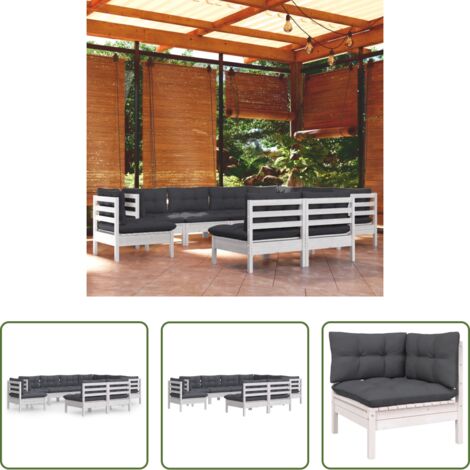 vidaXL Salotto da giardino -  Set Divani da Giardino 9 pz con Cuscini Bianchi Legno di Pino