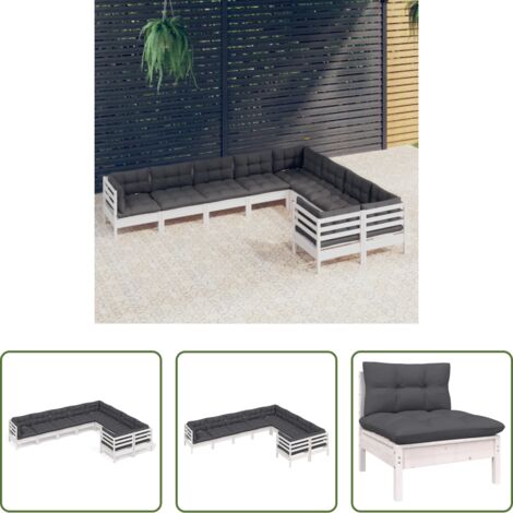 vidaXL Salotto da giardino -  Set Divani da Giardino 9 pz con Cuscini Bianchi Legno di Pino