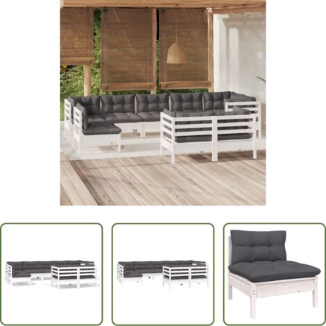 vidaXL Salotto da giardino -  Set Divani da Giardino 9 pz con Cuscini Bianchi Legno di Pino