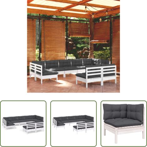 vidaXL Salotto da giardino -  Set Divani da Giardino 9 pz con Cuscini Bianchi Legno di Pino