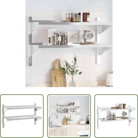 vidaXL Scaffale a muro -  Mensola Muro 2 Ripiani 100x30x60cm Argento Acciaio Inossidabile