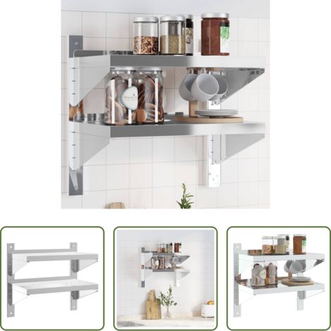 vidaXL Scaffale a muro -  Mensola Muro 2 Ripiani 50x30x48 cm Argento Acciaio Inossidabile
