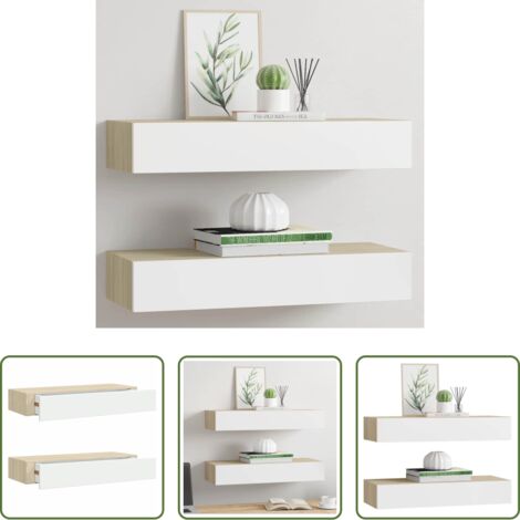 vidaXL Scaffale in MDF -  Scaffali a muro con cassetti 2 pz rovere e bianco 60x23,5x10 cm MDF