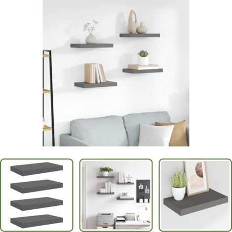 vidaXL Scaffali in MDF -  Scaffali a Parete 4 pz Grigio Lucido 40x23x3,8 cm in MDF
