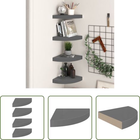 vidaXL Scaffali per Libri -  Scaffali Angolari a Parete 4 pz Grigio Lucido 25x25x3,8 cm MDF