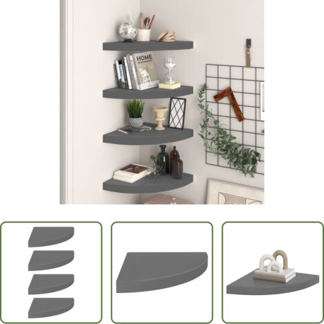 vidaXL Scaffali per Libri -  Scaffali Angolari a Parete 4 pz Grigio Lucido 35x35x3,8 cm MDF