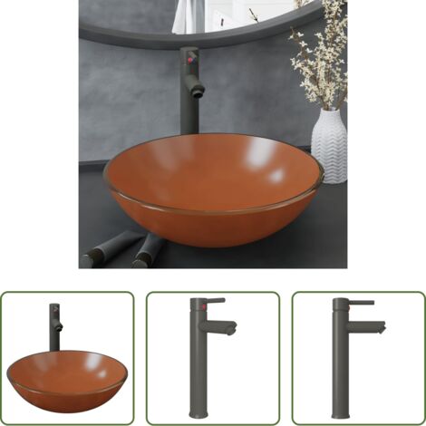vidaXL Scarico a pressione -  Lavandino con Rubinetto e Piletta in Vetro Temperato Marrone