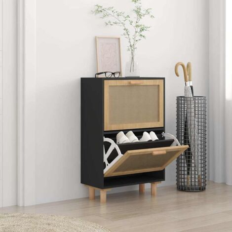 vidaXL Scarpiera Nero 52x25x80cm Legno Multistrato e Rattan Naturale