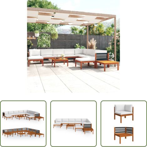 vidaXL Schienali in corda -  Set da giardino 12 pezzi con cuscini in legno crema, acacia e corda
