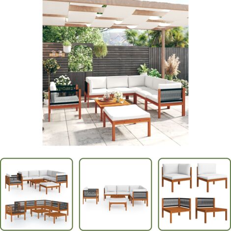 vidaXL Schienali in corda -  Set da giardino 8 pezzi con cuscini in legno crema, acacia e corda