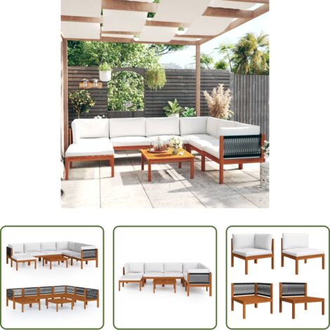 vidaXL Schienali in corda -  Set da giardino 8 pezzi con cuscini in legno crema, acacia e corda