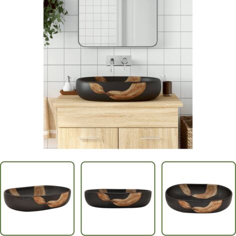 vidaXL Schwarz Waschbecken -  Aufsatzwaschbecken Schwarz Oval 59x40x14 cm Keramik