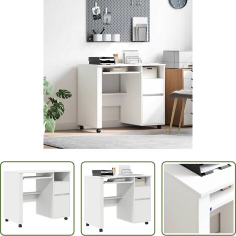 vidaXL Scrivania in legno -  Scrivania con Ruote Bianco 91 x 50 x 77 cm Legno multistrato