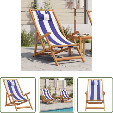 vidaXL Sedia da balcone -  Sedia da Spiaggia Pieghevole Blu/Bianco in Eucalipto e Tessuto