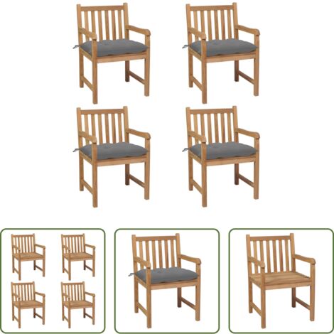 vidaXL Sedie da giardino con cuscino -  Sedie Giardino 4 pz con Cuscini Grigi in Massello di Teak