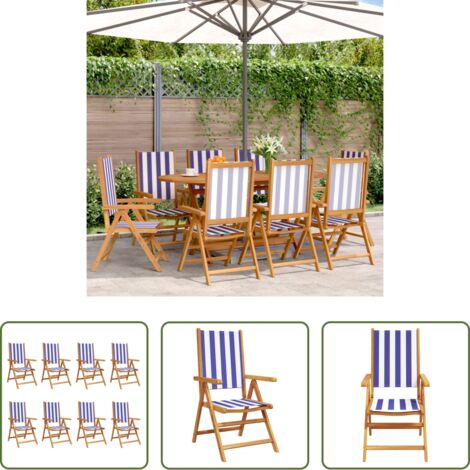 vidaXL Sedie da giardino in tessuto -  Sedie da Giardino Reclinabili 8 pz Blu e Bianco Tessuto e Legno