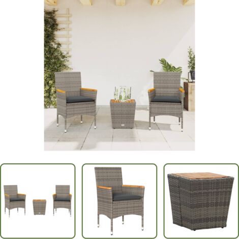 vidaXL Sedie da giardino -  Set da Bistrò 3 pz con Cuscini Grigio Polyrattan e Vetro