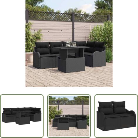 vidaXL Sedie da giardino -  Set da pranzo con cuscino 6 pcs Nero Poly Rattan