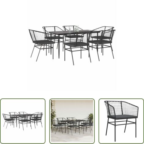 vidaXL Sedie da giardino -  Set Pranzo da Giardino 7 pz Nero con Cuscini Polyrattan Vetro