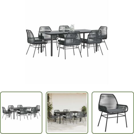 vidaXL Sedie da giardino -  Set Pranzo da Giardino 7 pz Nero con Cuscini Polyrattan Vetro