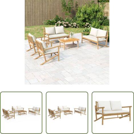 vidaXL Sedie da giardino -  Set Salotto da Giardino 5pz con Cuscini Bianco Crema in Bambù