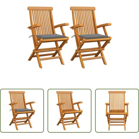 vidaXL Sedie da terrazza -  Sedie da Giardino con Cuscini Grigi 2pz Legno Massello di Teak