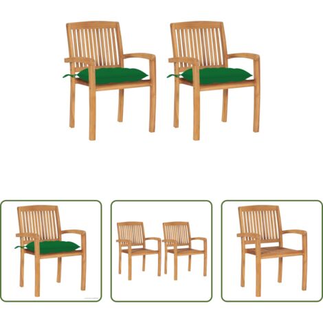 vidaXL Sedie esterne -  Sedie da Giardino 2 pz con Cuscini Verdi in Teak Massello