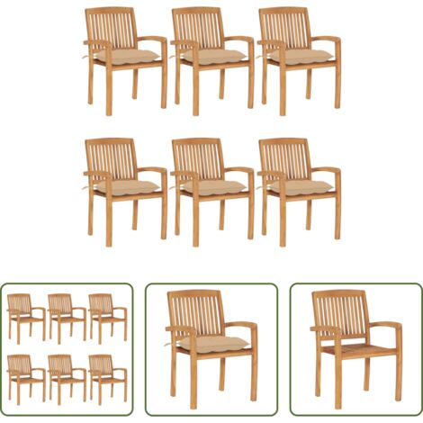 vidaXL Sedie impilabili -  Sedie da Giardino Impilabili con Cuscini 6 pz Massello di Teak